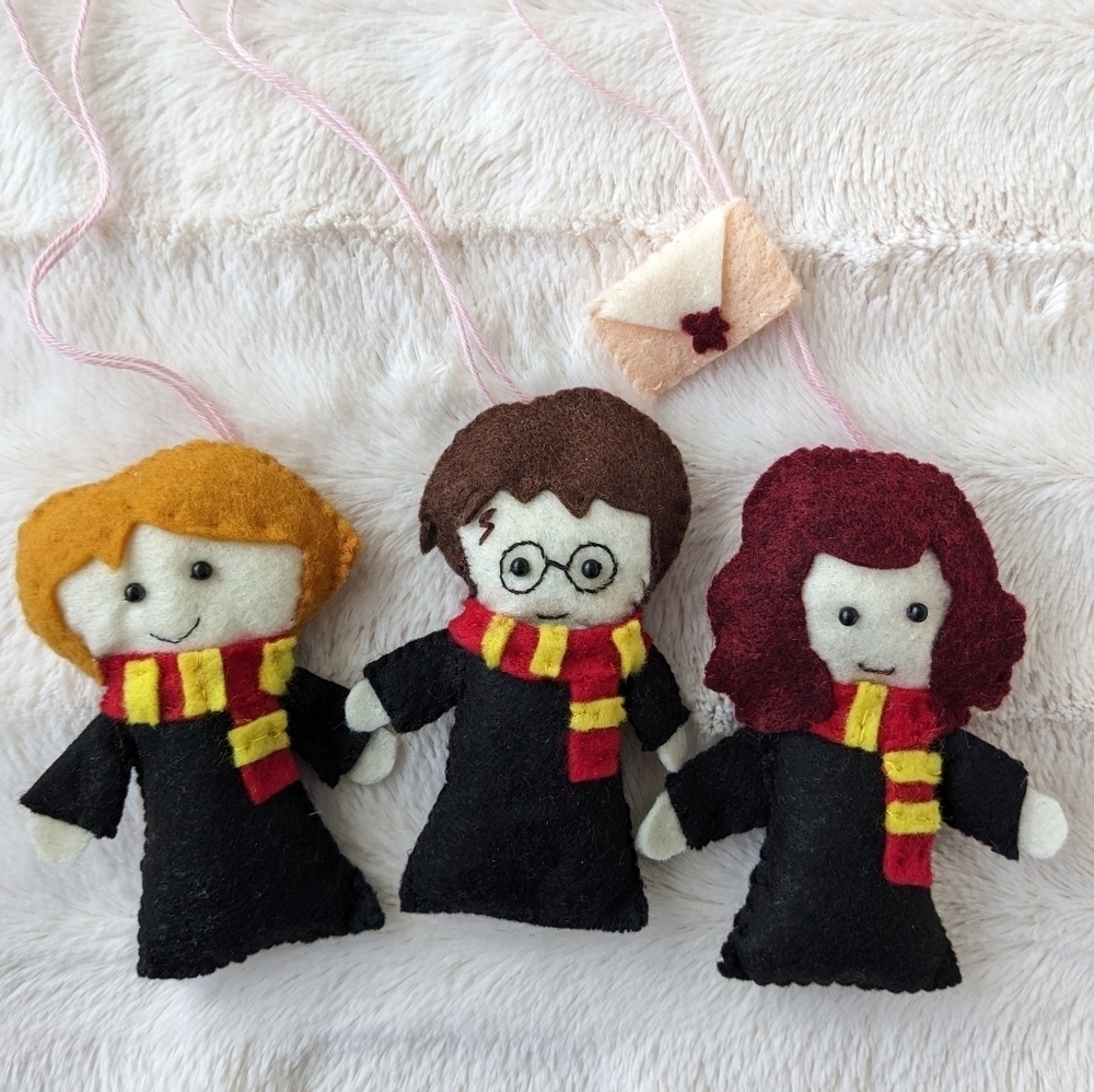 Handmade felt ornaments Harry Potter Ron Hermione Hogwarts themed Christmas